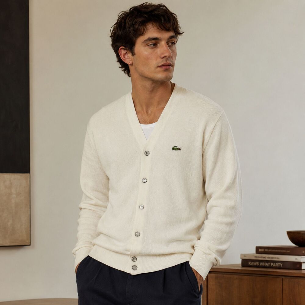 Vtg Izod lacoste Cardigan Sweater L White Orlon Acrylic USA Made Cracodile
